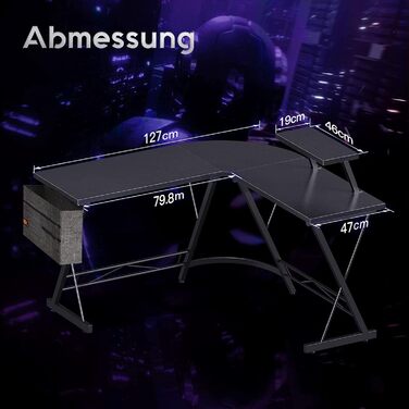 Ігровий стіл ODK, кутовий стіл для геймерів, стіл L-подібної форми з підставкою для монітора для офісу (чорний, 127 x 127 см) 127