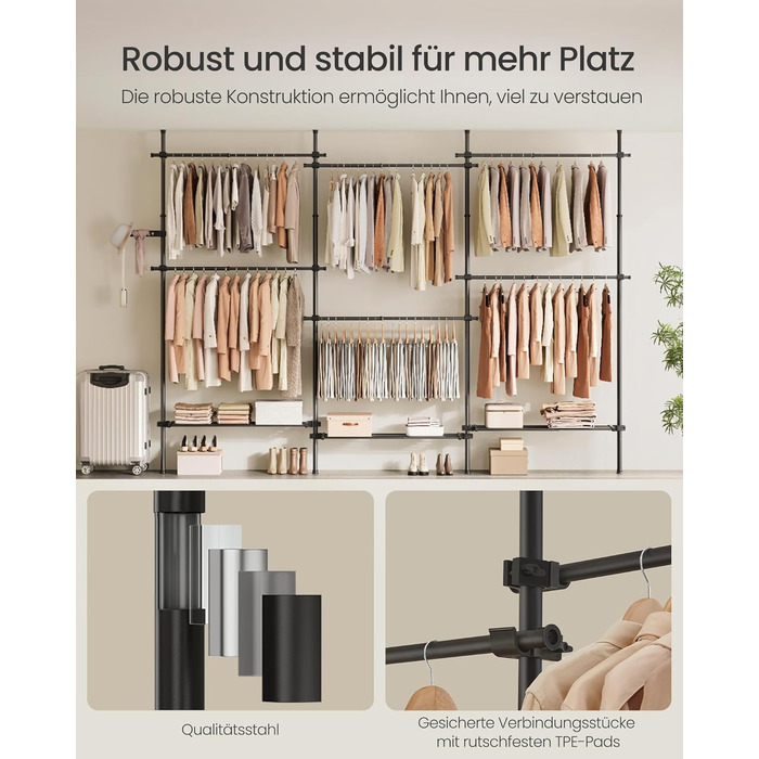 Телескопічна вішалка для одягу SONGMICS, 3-рівнева шафа, регульована по висоті та ширині, відкрита шафа з 6 шт. ангами для одягу та 3 знімними полицями, поручень, матово-чорний HSR155B01 3 ряди (240 Вт-353 Вт) см матово-чорний