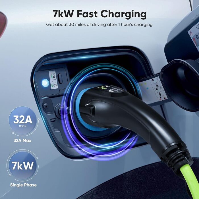 Зарядний кабель EVJUICION тип 2, режим 3 / 32А / 7,2 кВт / 1-фазний / 8 метрів, зарядний кабель для електромобілів типу 2, IP55, к