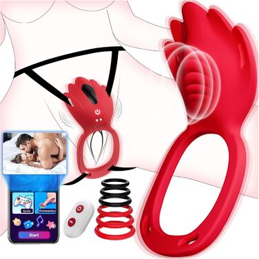 Вібратор Tagnaff, з 6 ерекційними кільцями та стимуляцією клітора, червоний, силікон