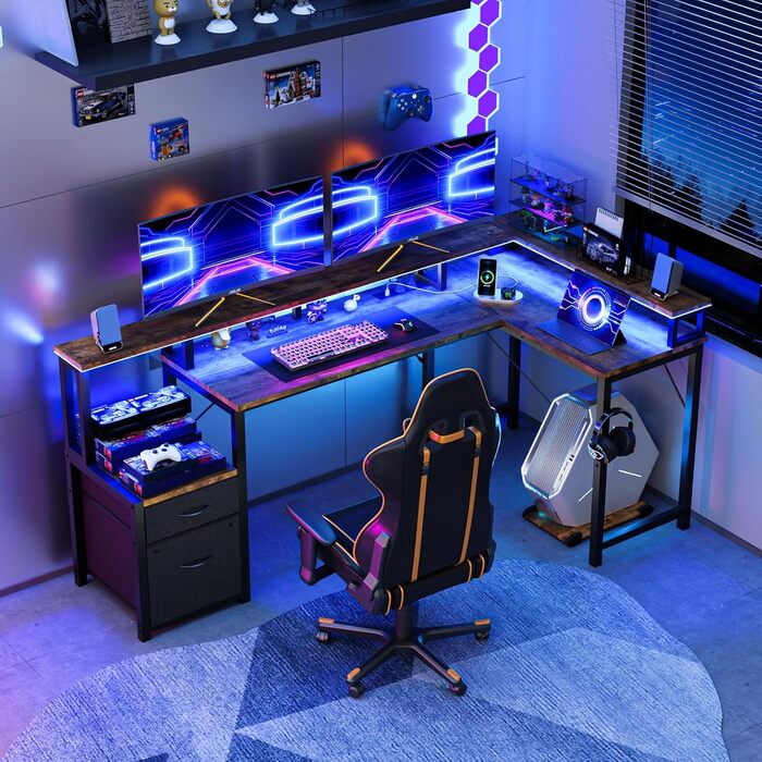 Кутовий письмовий стіл YOUDENOVA з шухлядами, L-подібний, 168x100 см, ігровий стіл зі світлодіодним підсвічуванням, комп&39ютерний стіл з розеткою та портом зарядки USB, офісний стіл, коричневий, 168*100*88,5 см, вінтажний коричневий