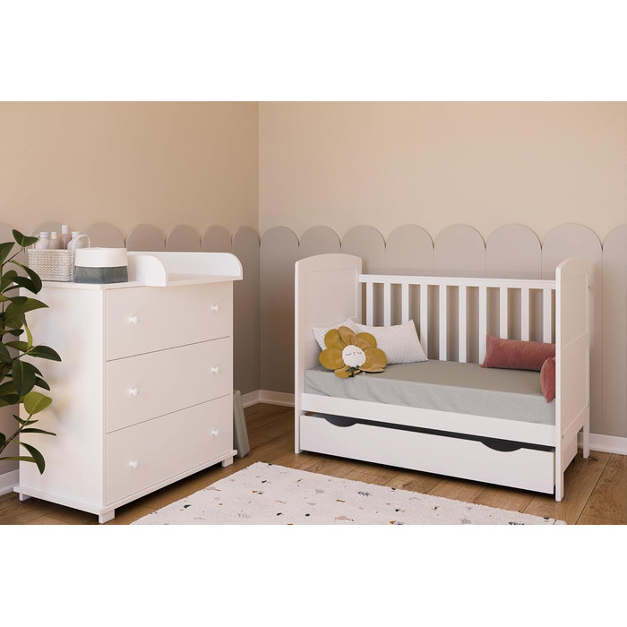 Дитяче ліжко/ліжечко Kids Collective 70x140 см з матрацом та шухлядою, трансформоване ліжечко, регульована висота Біле дитяче ліжко, зроблено в Європі, 70x140 см Від народження до 6 років, 70 x 140 см з шухлядою матрац, біле