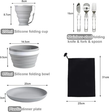 Складаний похідний набір посуду на 6 осіб з нержавіючої сталі (ніж, ложка, виделка), чашка, миска, тарілка та сітчастий мішок ідеально підходить для подорожей, кемпінгу, пікніків та активного відпочинку.