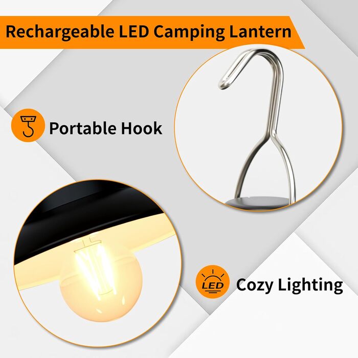 Ретро-ліхтар для кемпінгу світлодіодний акумуляторний, 200 люмен, водонепроникний IPX4, акумуляторний з батареєю 2600 мАг, наметовий ліхтар для кемпінгу та надзвичайних ситуацій (теплий білий) вінтажний