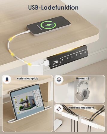 Електричний стіл OffiGo з регульованою висотою, шухлядою та USB-портом, 120 x 60 см, ергономічний комп&39ютерний стіл для роботи сидячи та стоячи, клен 120 x 60 см, бежевий