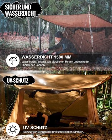 Намет OneTigris Backwoods Bungalow 2.0 для 1-2 осіб, кемпінговий намет, легкий розкладний намет, водонепроникний, 3-сезонний намет-укриття для походів на природі (коричневий колір Coyote Brown), версія 2.0