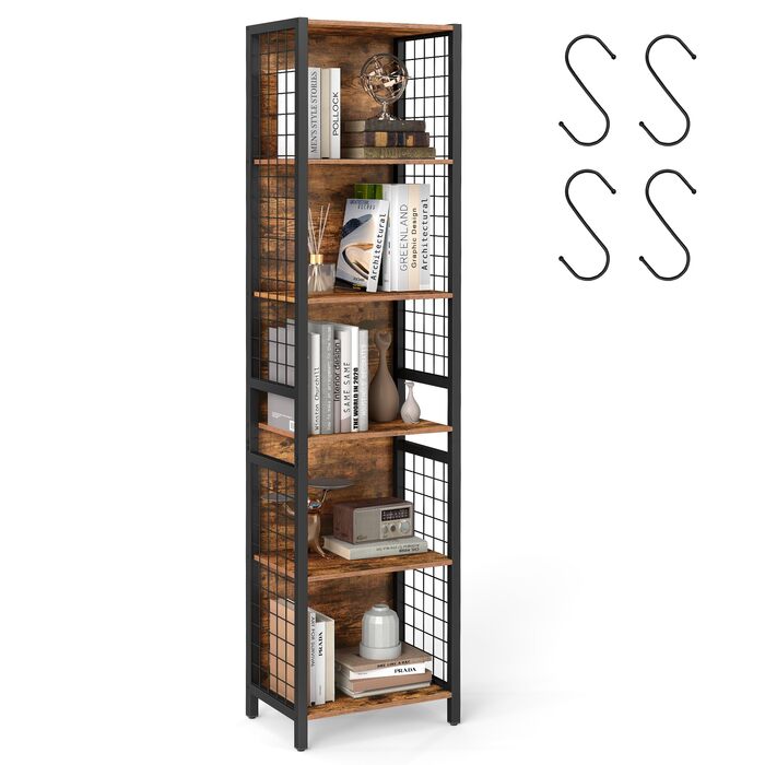 Книжкова полиця VASAGLE, офісна полиця, кухонна полиця, окремостояча полиця з 6 полицями, 4 S-подібними гачками, 30 x 40 x 175,6 см, для офісу, вітальні, кабінету, вінтажний коричнево-чорний колір LLS170K01, 6 рівнів (40Ш см)