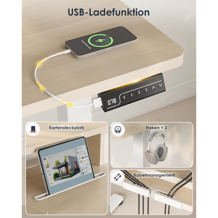 Електричний стіл OffiGo з регульованою висотою, шухлядою та USB-портом, 120 x 60 см, ергономічний комп&39ютерний стіл для роботи сидячи та стоячи, клен 120 x 60 см, бежевий