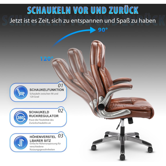 Ергономічне офісне крісло, вантажопідйомність 180 кг, робоче крісло з високою спинкою та широким сидінням, відкидні підлокітники, шкіряне обертове крісло для домашнього офісу та офісу, коричневий класичний колір