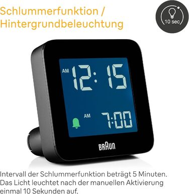 Цифровий будильник Braun з функцією повтору, негативним РК-дисплеєм, функцією швидкого налаштування, будильником Crescendo чорного кольору, модель BC09B. 1 упаковка