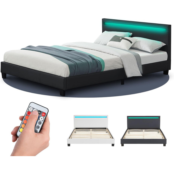 М'яке ліжко Juskys Paris 140x200 см зі світлодіодним підсвічуванням, решітчастим каркасом та узголів'ям - зі штучної шкіри та дере