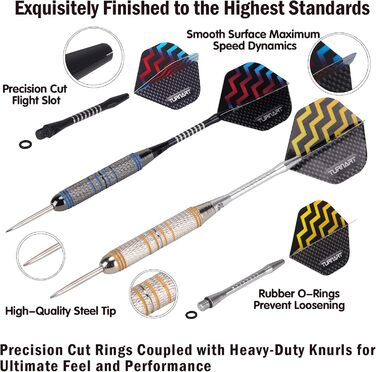 Набір професійних сталевих дротиків Turnart з металевим наконечником - 12 шт. , 24 грами, 12 алюмінієвих стрижнів з 24 деками, 20 гумових кілець, що запобігають розхитуванню, класичні
