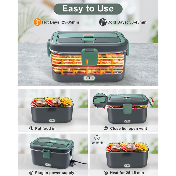Електричний ланч-бокс AUTOPkio 1,8 л 80 Вт, 12 В/24 В/220 В, великий підігрів їжі з сумкою, виделкою та ложкою з нержавіючої сталі для автомобіля, вантажівки, офісу, сірийзелений