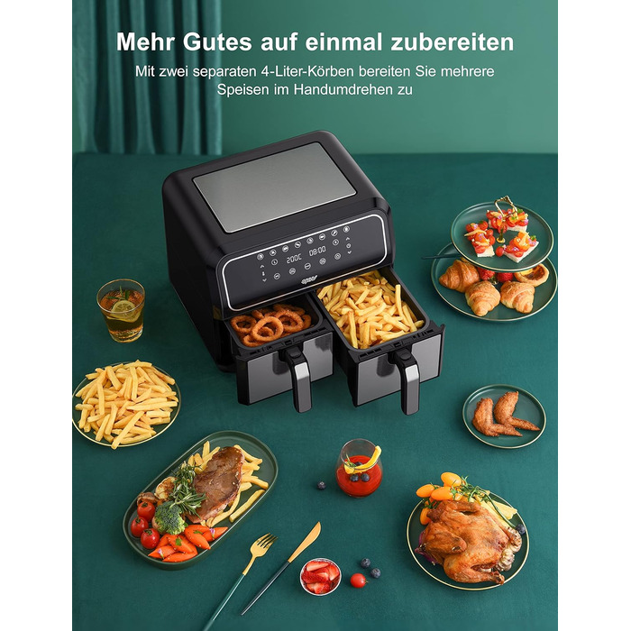 Двозонна фритюрниця Innsky двокамерна 8 л, 8 програм подвійна фритюрниця, фритюрниця з 2 кошиками, фритюрниця гаряче повітря без олії, подвійне приготування, синхронізація готової технології, режим струшування X-Large