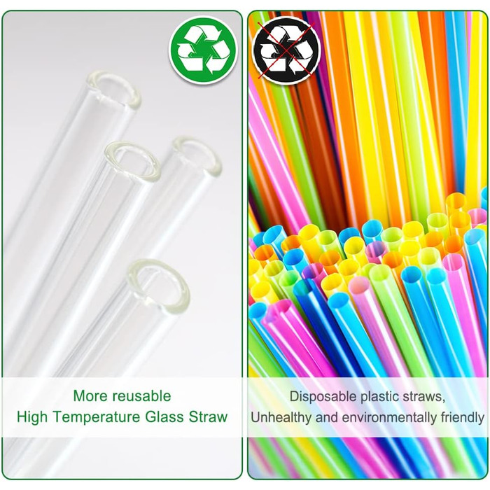 Скляні соломинки багаторазові 16 шт. - 6 прямих скляних соломинок і 6 вигнутих скляних соломинок 21,5см з 4 щітками для чищення, п