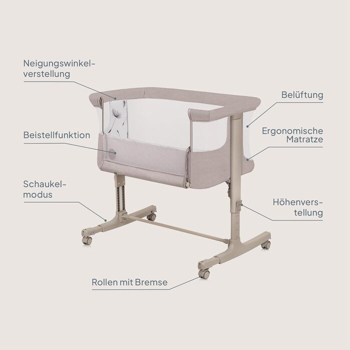 Дитяче ліжечко Lionelo Aurora 3-в-1 (до 9 кг), приліжкове ліжечко, колиска, регулювання висоти та нахилу матраца, 4 колеса з гальмами, ергономічний матрац, сумка, бежевий капучино, великий розмір