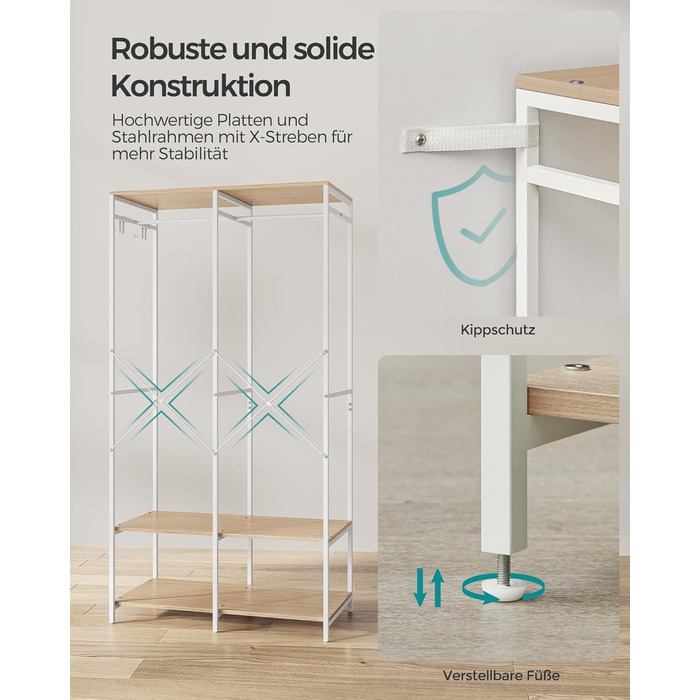 Відкрита шафа, вішалка для одягу, вішалка для пальто, шафа з рейкою для одягу, полиці, знімні гачки, 40 x 94,5 x 180 см, натуральний бежевий RGR004W67 Натуральний бежевий 40 x 94,5 x 180 см