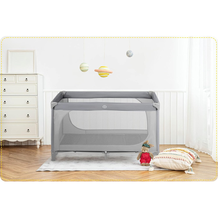 Дитяче ліжечко Ricokids з матрацом 125 x 65 x 78 см, дорожнє ліжечко, вагою до 15 кг, 2 колеса з гальмами, знімний бічний вхід, сумка для перенесення, складна, компактна, світло-сіра, м&39ятна