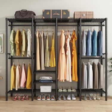 Вішалка для одягу KZOBYD, шафа-тумба з 6 полицями, що регулюються по висоті, штанга для одягу з 4 відділеннями для вішалок, багато місця, для спальні, вітальні (чорна)