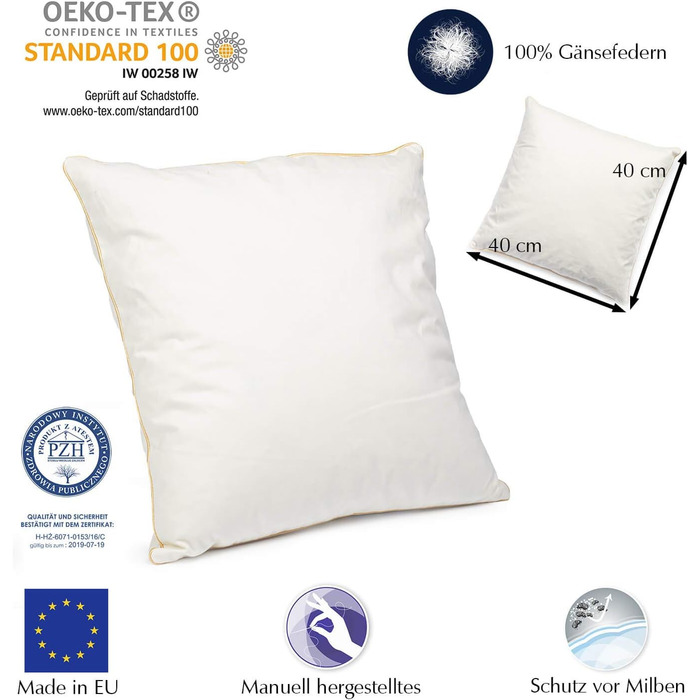 Пухова подушка H&F Home Textiles 40x40 см Наповнювач подушки 300 г 100 пір&39я Подушка із сертифікатом Oeko-Tex Чохол 100 бавовна