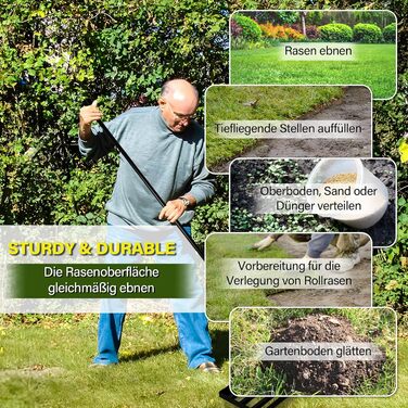 Гребінь для вирівнювання газону Garten L 2026, покращений, з нержавіючої сталі, з оптимізованим різьбовим зєднанням для запобігання ослабленню, регульований, для ґрунту, землі, догляду за газоном та ландшафтного дизайну 4525 см