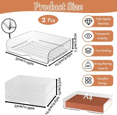 Рівневий штабельований прозорий лоток для документів формату А4, лоток для паперу/документів XingyLi з акрилу PET, органайзер для столу, лоток для листів, відділення для зберігання книг, журналів та папок, 2-