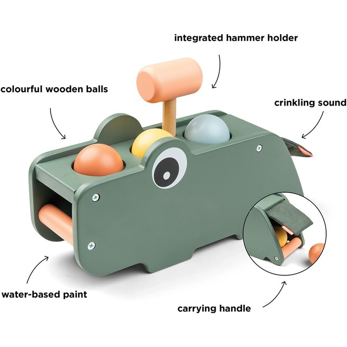 Постукувальна лавка Croco Green - гра з молоточком стимулює зорово-моторну координацію - іграшка для розвитку моторики, іграшка Монтессорі, дерев'яна іграшка від 1 року