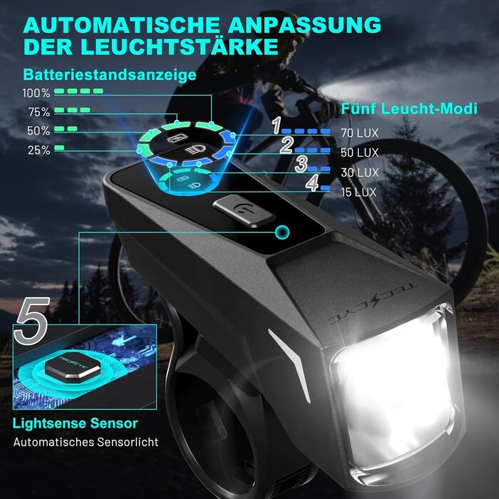 Комплект велосипедних ліхтарів TECHCYC із датчиком Lightsense, велосипедний ліхтар зі світлодіодним освітленням до 70 люкс, схвалено StVZO, велосипедний ліхтар із USB-перезарядкою, IPX6, передні велосипедні ліхтарі ємністю 2500 мАг та задній ліхтар ємніст