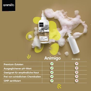 Шампунь для собак animigo - 500 мл Доглядаючий та протисвербіжний шампунь - Збалансований pH - Проти свербежу, кліщів, бліх - Шампунь для котів - Усі породи котів та собак - Гіпоалергенний для шкіри та з натуральними інгредієнтами