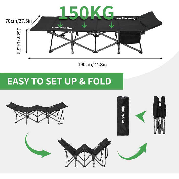 Розкладне похідне ліжко Naturehike з подушкою, кемпінгове ліжко 190 x 70 x 48 см, включає стьобаний шар товщиною 3 см, вантажопідйомність дорожнього ліжка до 150 кг, портативне крісло-шезлонг