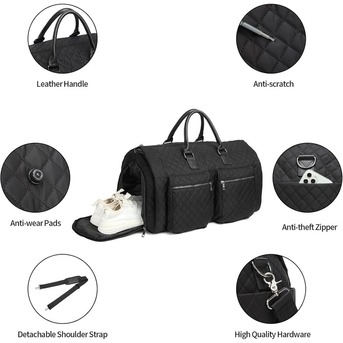 Сумка для одягу Seyfocnia Convertible для жінок, шкіряні сумки для одягу з чохлом для взуття, підвісні дорожні сумки 2-в-1, модні чорні