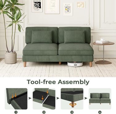 Місний диван Vesgantti Cord без підлокітників, 166 см. Сучасний тримісний диван з подушками, комбінований диван, ідеально підходить для вітальні, спальні, офісу, збирається без інструментів, 166 * 88 * 84 см. Зелений 3-місний диван., 3-