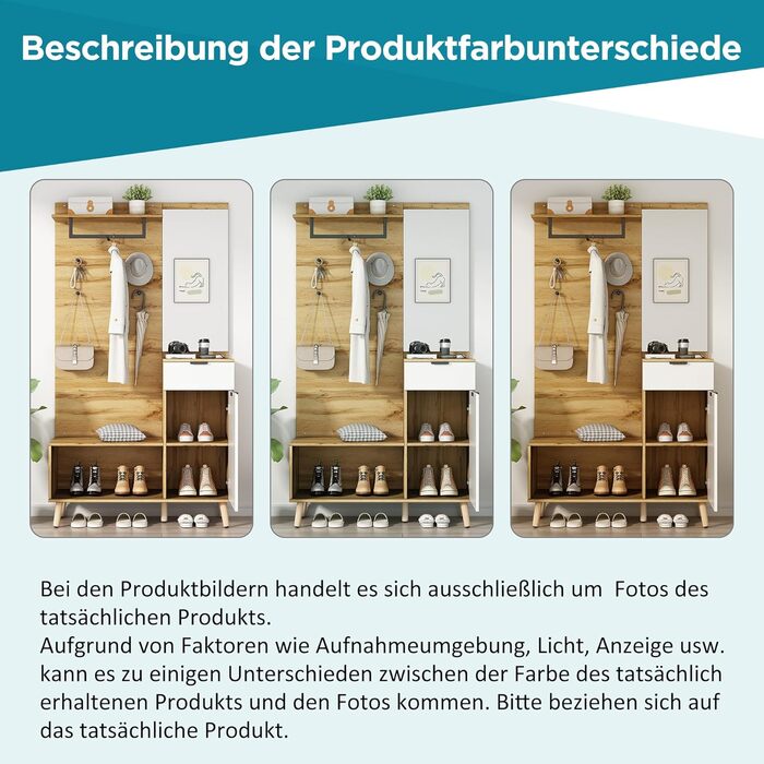 Шафа для одягу Ymkua настінна, шафа для передпокою з лавкою для взуття, дзеркалом і тумбою для взуття, шафа для одягу з 4 гачками