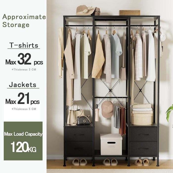 Відкрита шафа, вішалка для одягу, вішалка для пальто з 4 шухлядами, міцна вішалка для одягу, для спальні, вітальні, передпокою, чорна