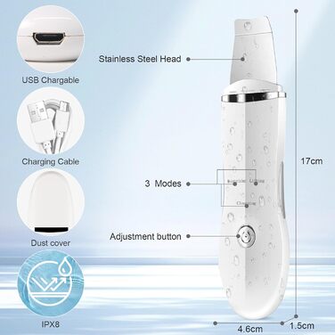 Режими ультразвукового пілінгу, очищувач пір, шпатель для шкіри обличчя, ультразвуковий скраб для шкіри з USB-зарядкою для жінок і чоловіків усіх типів шкіри, 3