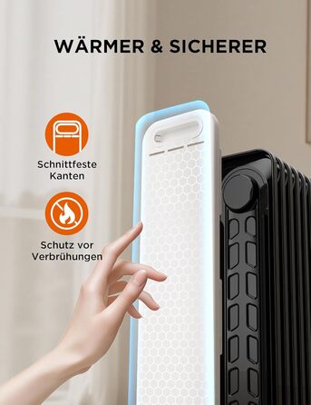 Масляний радіатор Midea, портативний електричний обігрівач потужністю 2000 Вт з 9 ребрами, поворотною ручкою керування та регульованим термостатом, 3 режими нагріву, захист від перекидання та перегріву, надзвичайно тихий для офісу та дому 9 ребер Поворотн