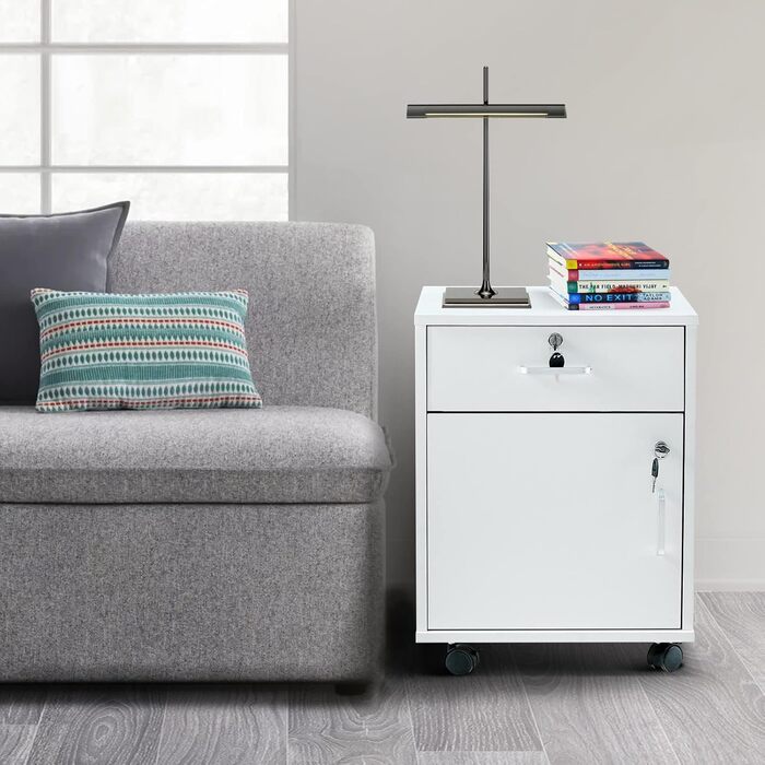 Шафа для документів на колесах із замком, дерев&39яна, з шухлядою та закритим місцем для зберігання, мобільна шафа під столом для паперу та папок формату А4, біла, 1 шухляда 1 дверцята для зберігання