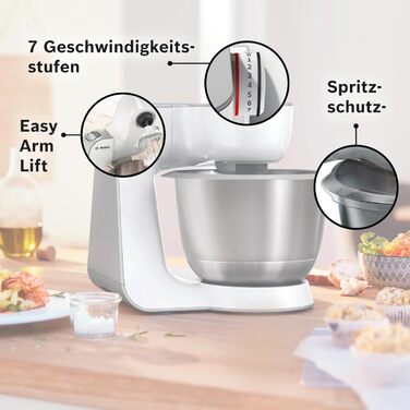Кухонна машина Bosch Serie 4 MUM58200 гак для замісу, вінчик та міксер з нержавіючої сталі, чаша зі сталі (можна мити в посудомийній машині), 3D-система змішування, білий/сріблястий