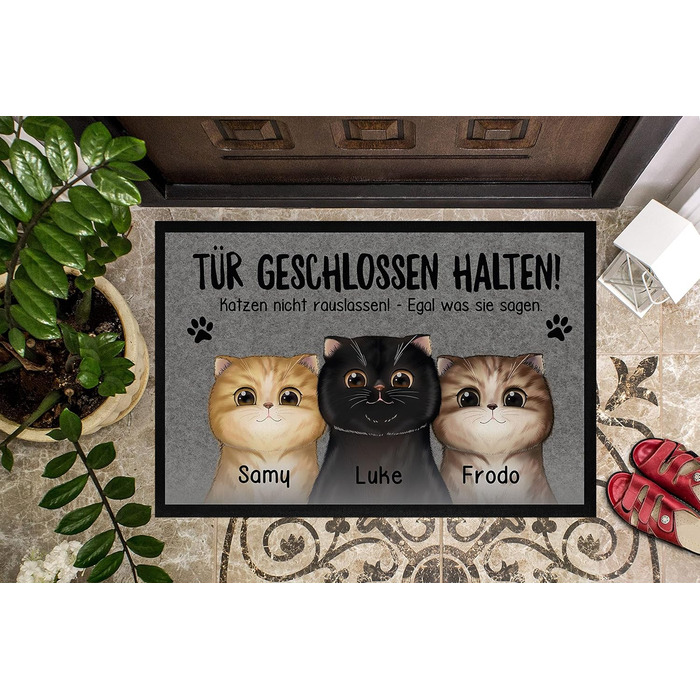 Персоналізований килимок для котів (1-3) з іменем - подарунок для власників котів, мами-кішки, тата-кішки - нековзний та миється - чорний - 60x40 см