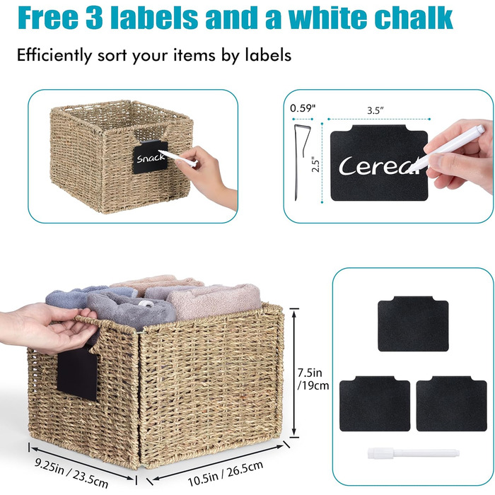 Набір із 3 прямокутних кошиків для зберігання з морської трави, 26,5 x 24 x 19 см / Складаний плетений кошик, полиця, коробка для зберігання, плетений кошик з натуральної верби, органайзер для ванної кімнати, вітальні, 24 см x 26,5 см x 19 см, морська тра