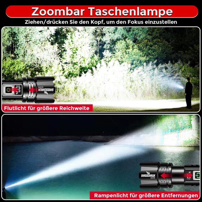 Акумуляторний світлодіодний ліхтарик Shadowhawk 500000 люмен - дальність до 1000 м, 24 години роботи від 2 батарейок, РК-дисплей відсотків, тактичний ліхтарик, надзвичайно яскравий ліхтарик для кемпінгу, походів, активного відпочинку на свіжому повітрі, 1