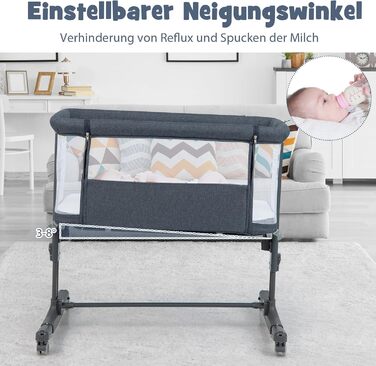 Ліжечко DREAMADE 2-в-1 Side-by-Side, дорожнє ліжечко з регульованою висотою на 5 рівнях з матрацом та колесами, колиска 86 x 63 см для дітей від народження до 9 кг, дитяче ліжечко з кутом нахилу 10 (модель 2 - темно-сірий)