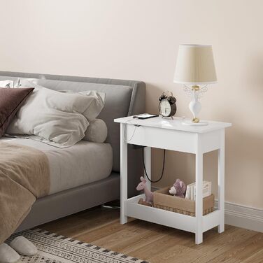Приставний столик EUGAD, тумбочка з розеткою, столик для дивана, журнальний столик, маленький столик, консольний столик, розкладна стільниця, 3 полиці, для вітальні, спальні, кухні, білий, 0001CHJ