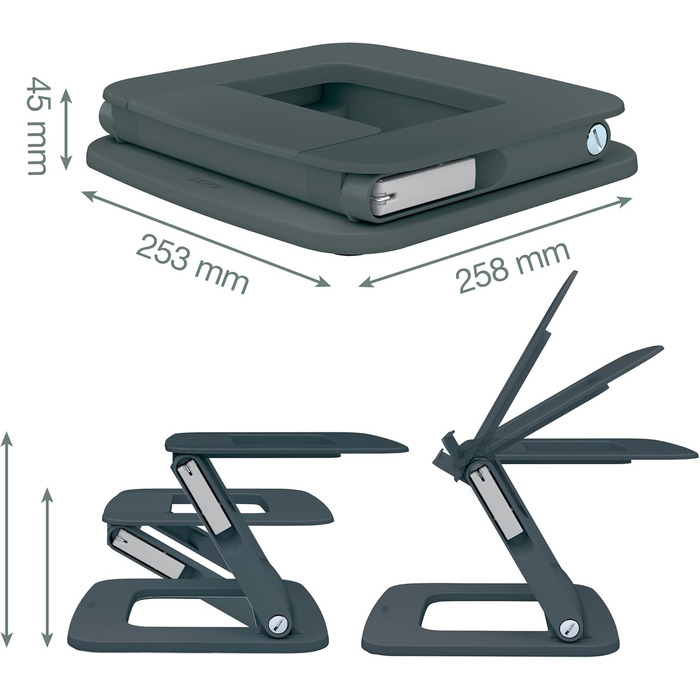 Регульована підставка для ноутбука, 13-15, з 6 комбінаціями кута та висоти, виготовлена з 80 переробленого пластику, компактна, 100 придатна до переробки, темно-сіра, 64240089