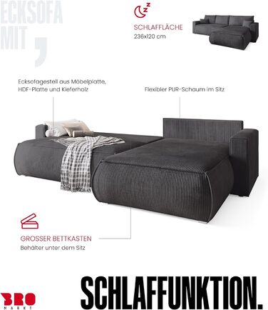 Диван з функцією сну, диван L, засіб для чищення оббивки, диван-ліжко з місцем для зберігання, розкладний диван для вітальні, окремостоячий диван, диван Havana Relax, 3-місний, 270x173x80 см, сірий