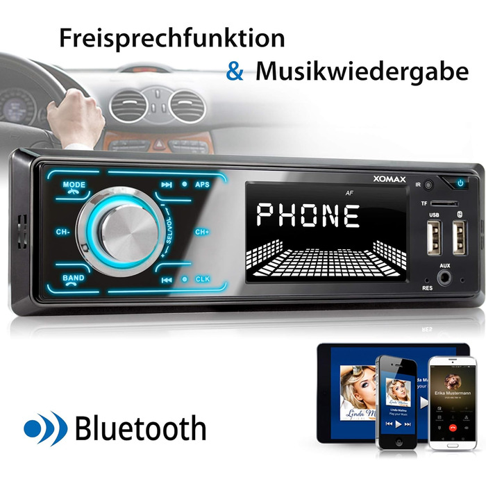 Автомагнітола XOMAX XM-R274 з системою гучного зв'язку Bluetooth, FM, 7 кольорів освітлення, зарядна станція для смартфона через 2-й порт USB, USB, SD, MP3, AUX-IN, 1 DIN