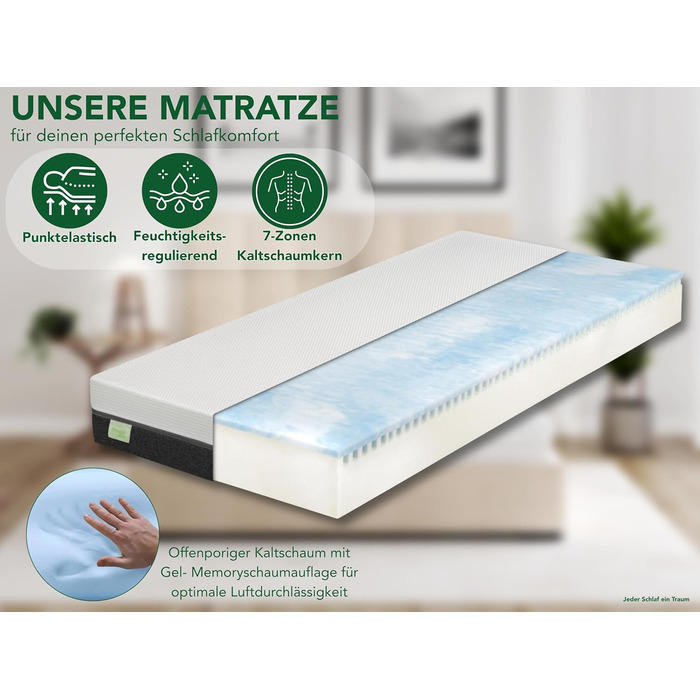Матрац DREAMSTAR Sky Flex Duo H2/H3 з холодної піни з гелевим шаром Висота 18 см Ергономічний 7-зонний матрац Сертифіковано Oeko-Tex Гіпоалергенний та антибактеріальний Висота 80 x 200 см 18 см 80 x 200 см