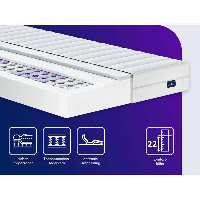 Ортопедичний матрац Traumnacht XXL з 7-зонними пружинами кишенькової форми, висота матраца 22 см, рівень жорсткості 3 (H3), 90 x 200 см, сертифікований Oeko-Tex, виготовлений відповідно до німецьких стандартів якості 90 x 200 см 22 см