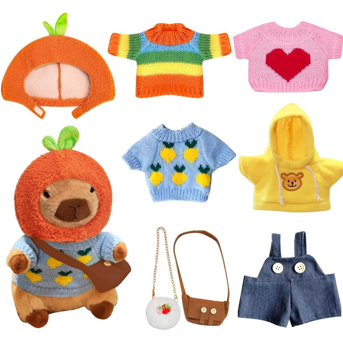 Плюшева іграшка капібара з одягом та аксесуарами, 23 см м&39яка іграшка капібара, мила плюшева капібара, плюшева іграшка капібара-одягальник з капелюхом, 4 предмети одягу, 2 кишені, штани для дітей, дівчаток, хлопчиків