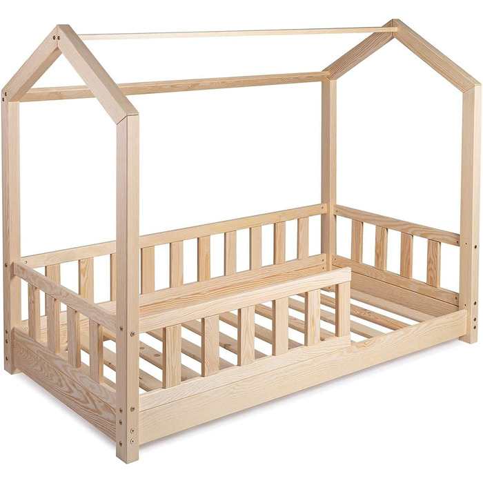 Дитяче ліжко, ліжко-будиночок 70x140 із захистом від падіння, рейкова основа, каркас ліжка з сосни для дітей, хлопчиків та дівчаток - дерев&39яне ліжко, немовля, дитяча кімната, хлопчик, декор (захист від падіння З)
